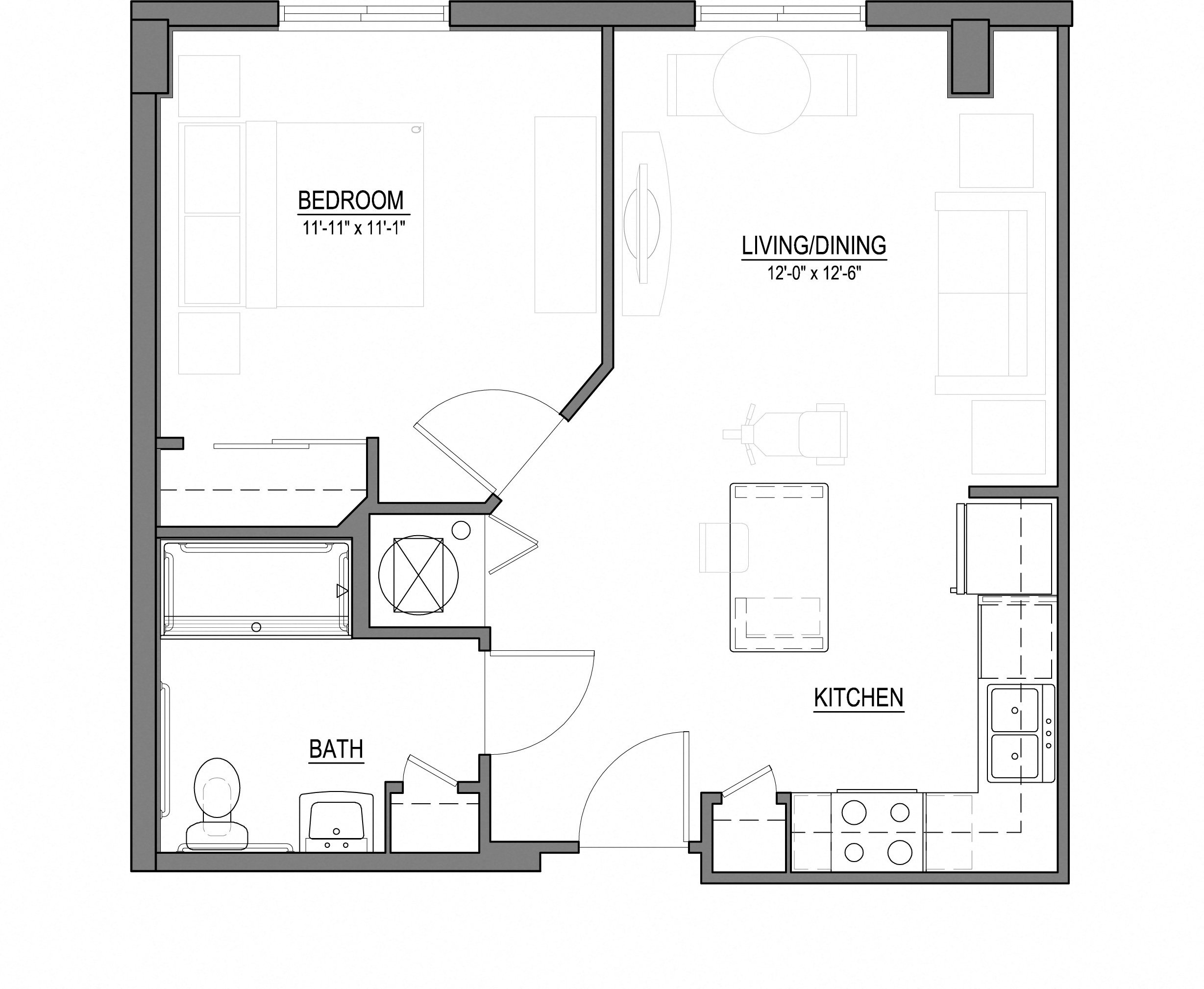 Floor plan for 1 bed, 1 bath, 607 sqft